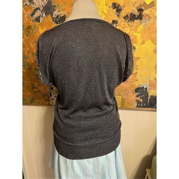 Cache Silver Beaded Cold Shoulder Short Sleeved Dressy Top GORGEOUS S - Picture 5 of 9